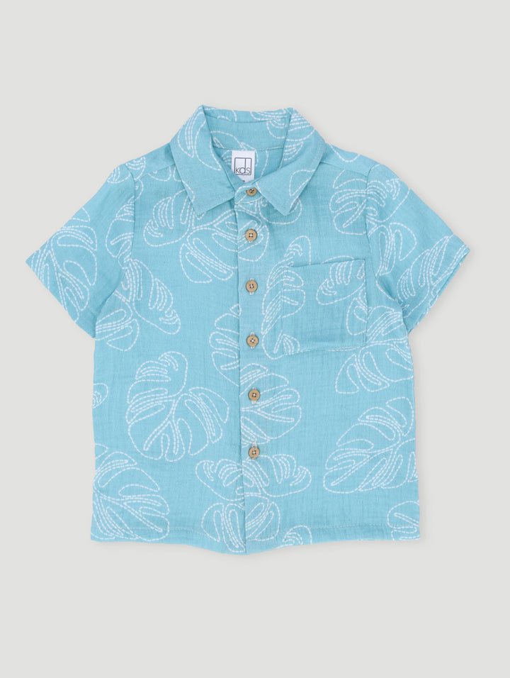 Pre-Boys Leaf Muslin Shirt - Blue