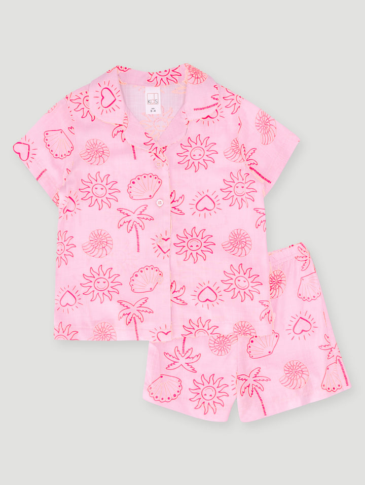 Pre-Girls Shell Fish Print Linen Set - Pink