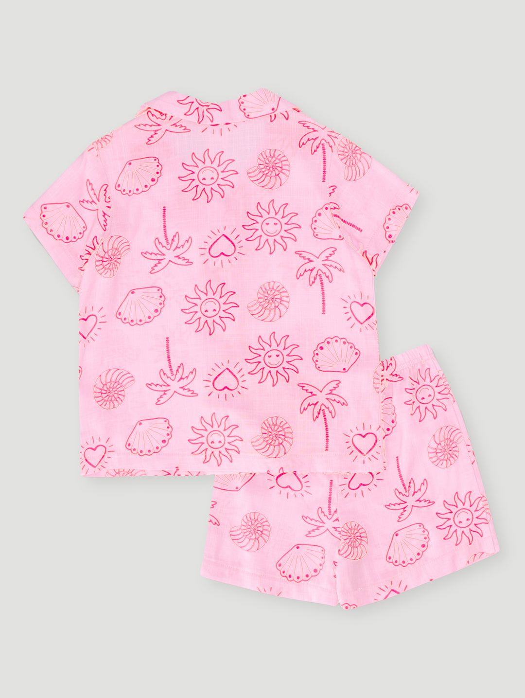 Pre-Girls Shell Fish Print Linen Set - Pink
