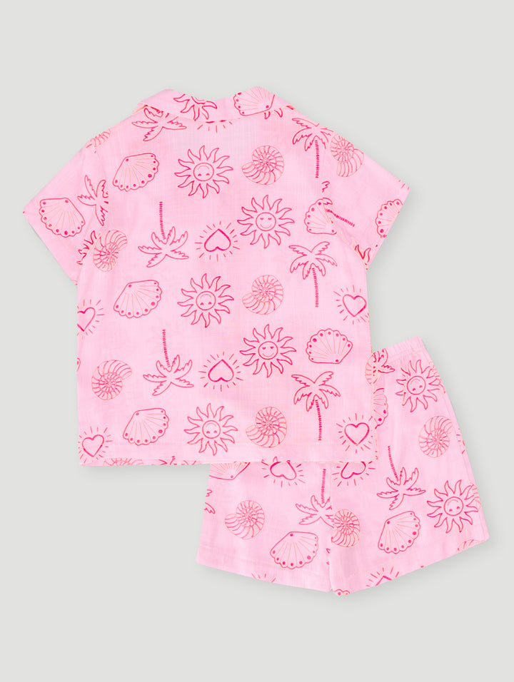 Pre-Girls Shell Fish Print Linen Set - Pink