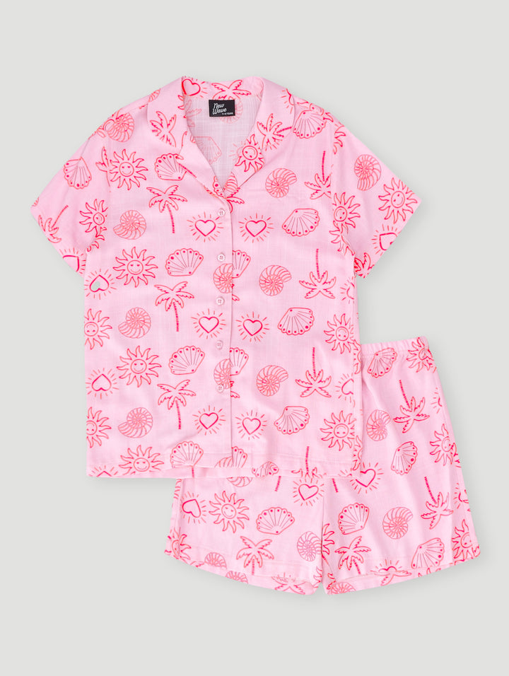 Girls Shell Fish Print Linen Set - Pink
