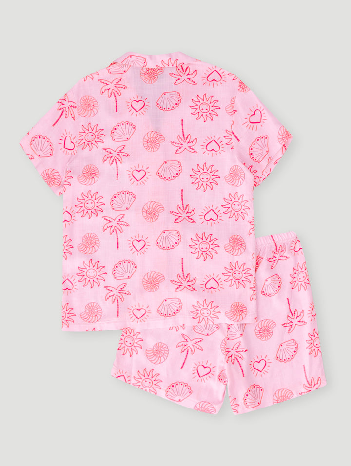 Girls Shell Fish Print Linen Set - Pink