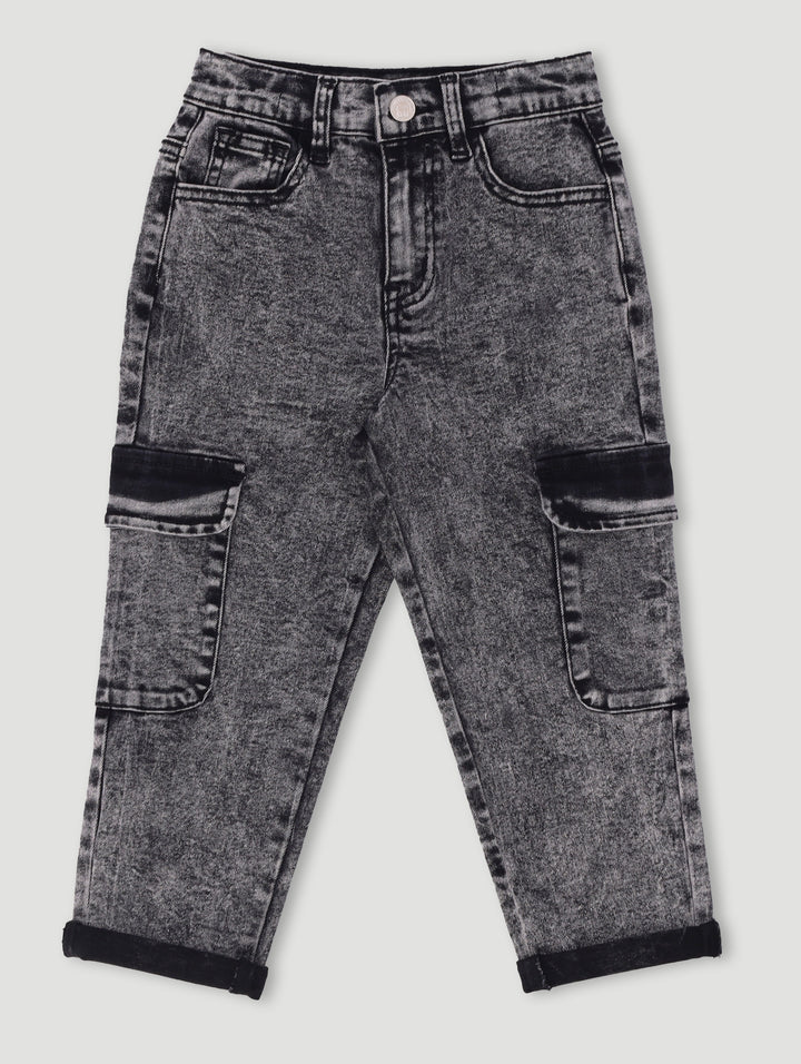 Pre-Boys Acid Wash Cargo Denim - Charcoal