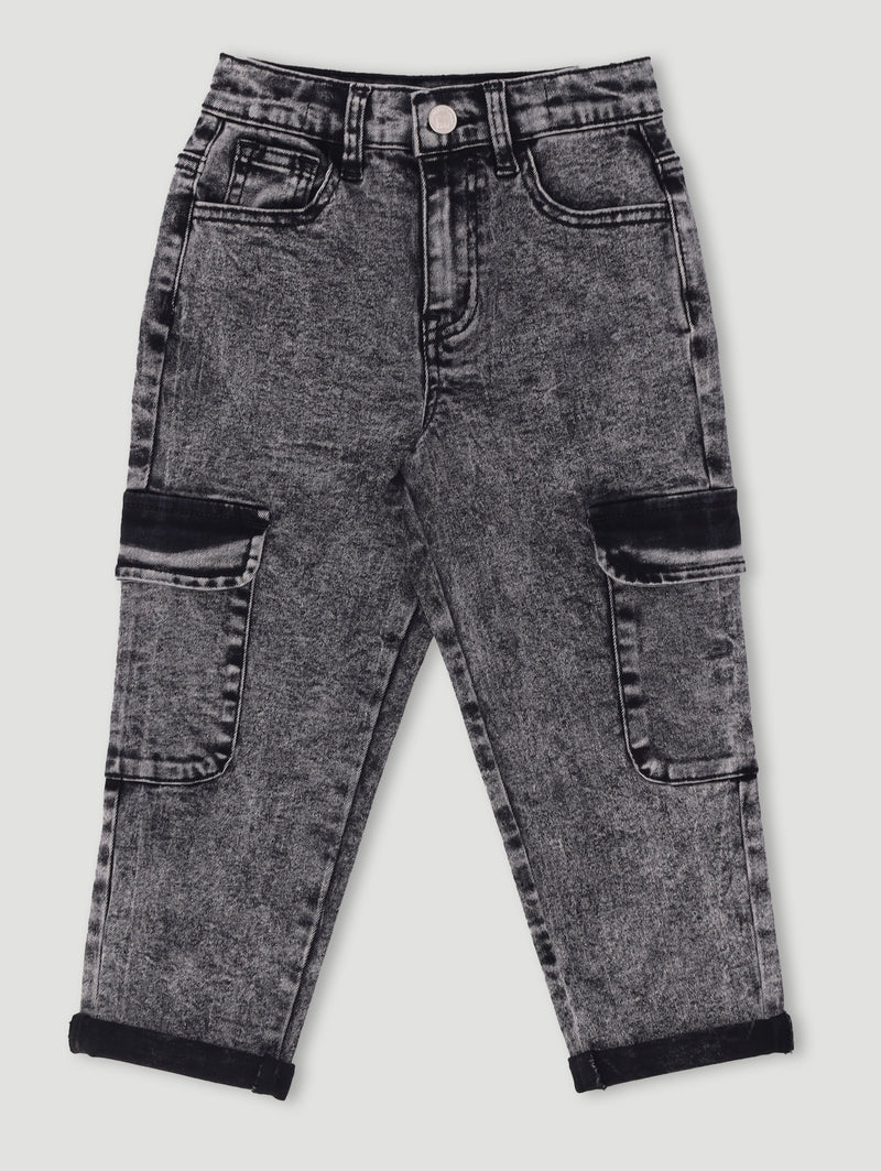 Pre-Boys Acid Wash Cargo Denim - Charcoal