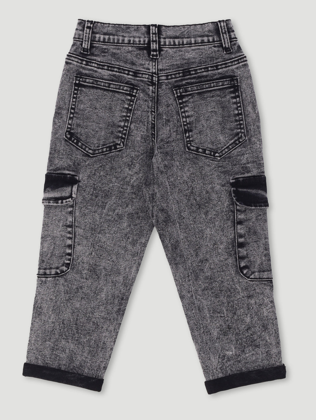 Pre-Boys Acid Wash Cargo Denim - Charcoal