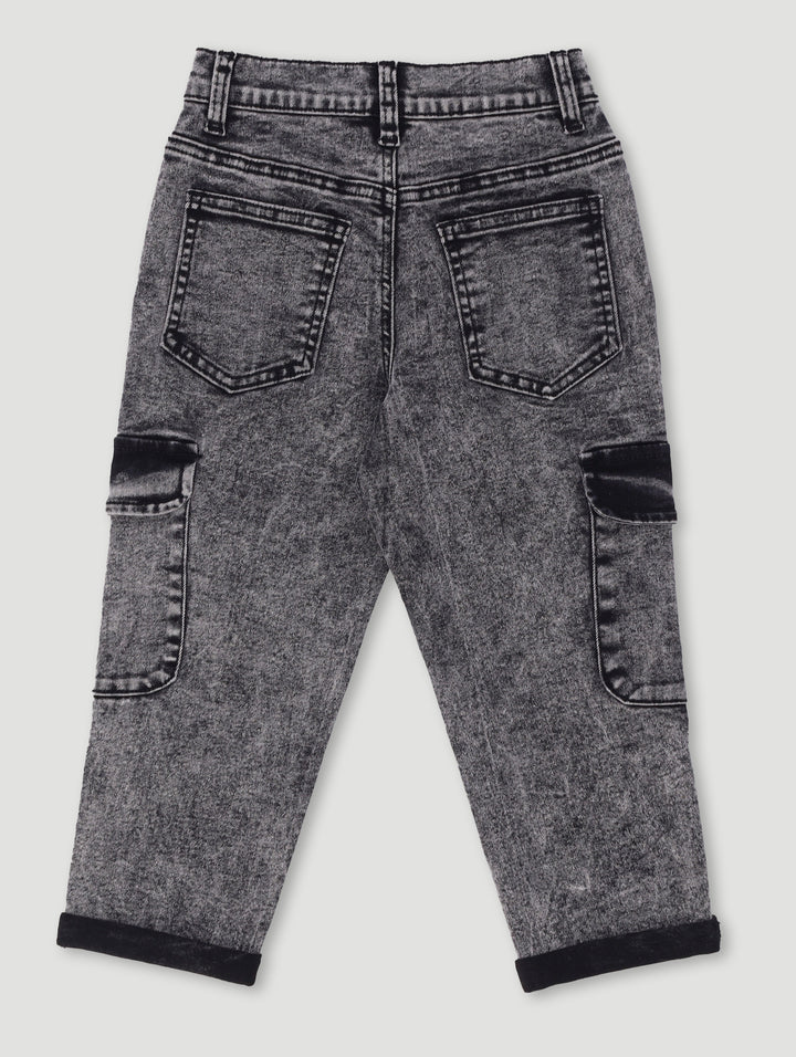 Pre-Boys Acid Wash Cargo Denim - Charcoal