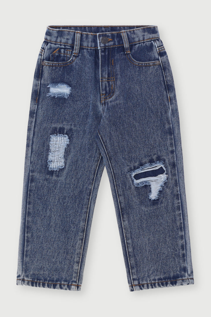 Pre-Boys Relaxed Straight Leg Rip Denim - Dark Blue