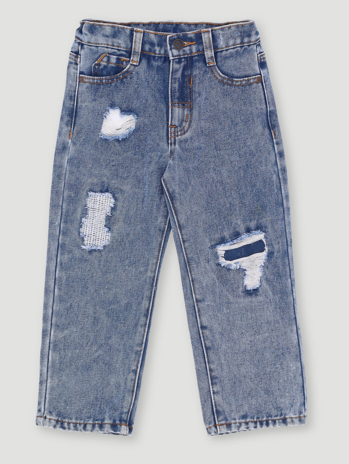 Pre- Boys Relaxed Straight Leg Rip Denim - Dark Blue