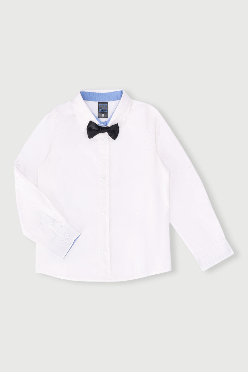 Pre-Boys Long Sleeve Bow Tie Shirt - White
