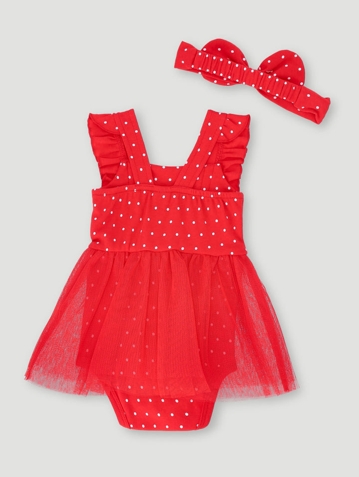 Baby Girls Tulle Dots With Headband Vest - Red