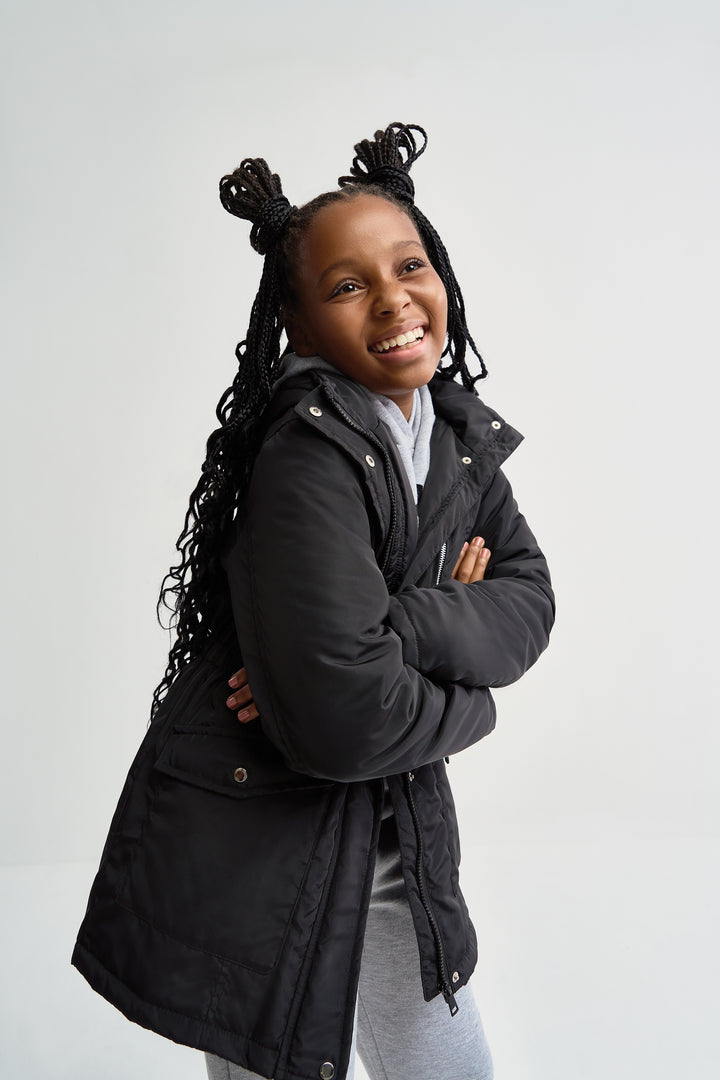 Girls Sherpa Hoody Parker Jacket - Black