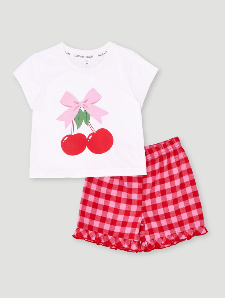 Pre-Girls Cherries Check Flannel Set - White