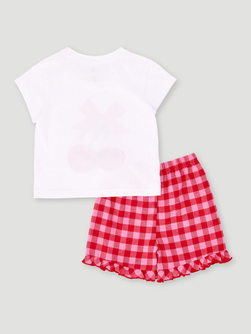 Pre-Girls Cherries Check Flannel Set - White