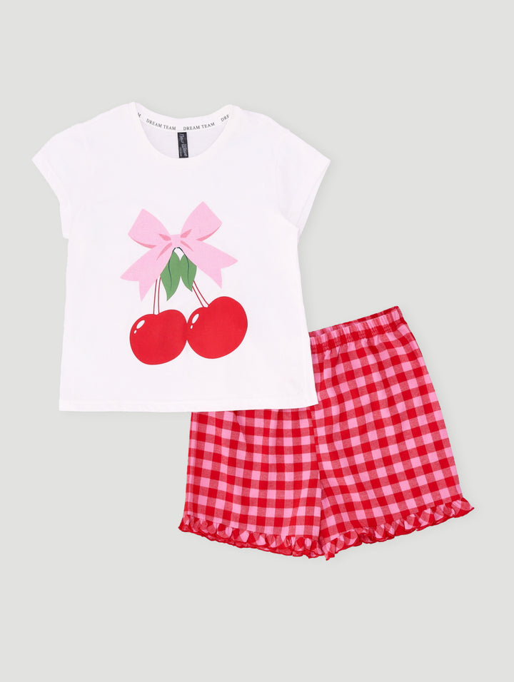 Girls Cherries Check Flannel Set - White