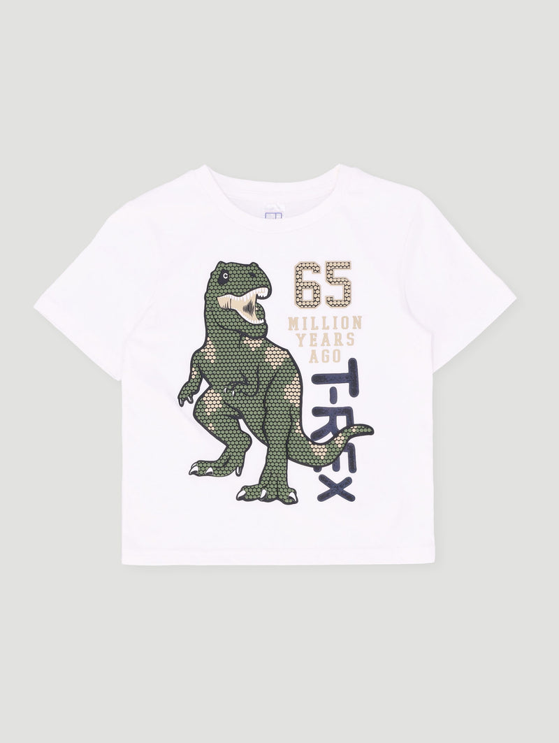 Pre-Boys Puffed Dino Tee - White