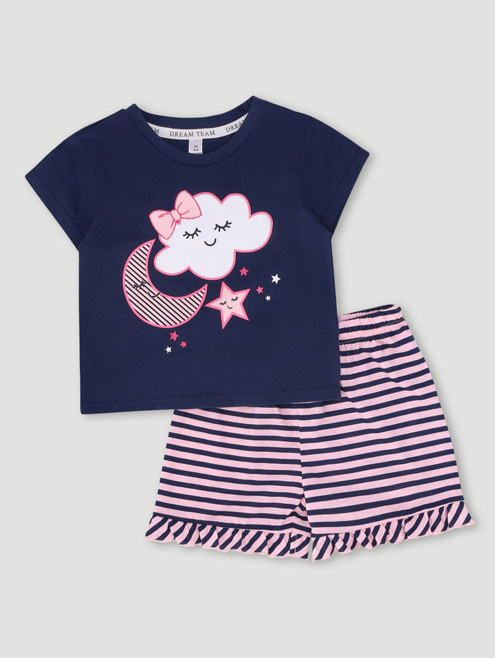 Pre-Girls Clouds Moon Check Sleep Set - Navy