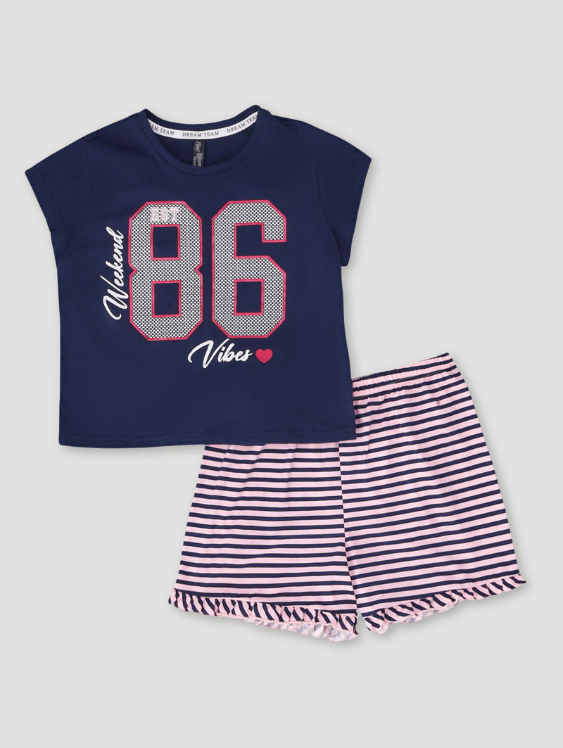 Girls Collegiate Check Sleep Set - Navy