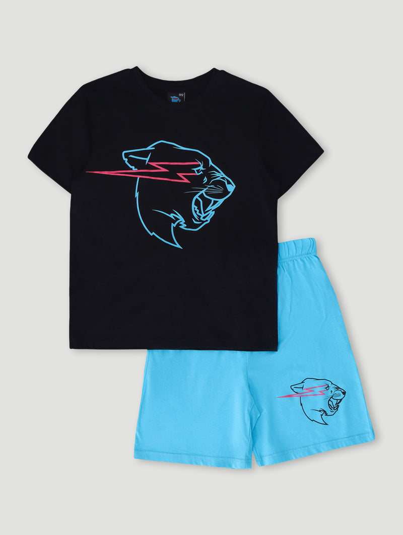 Boys Mr Beast Tee & Short Sleep Set - Black/Blue