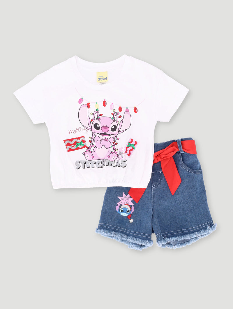Pre-Girls Lilo & Stitch Tee And Paperbag Short Set - White