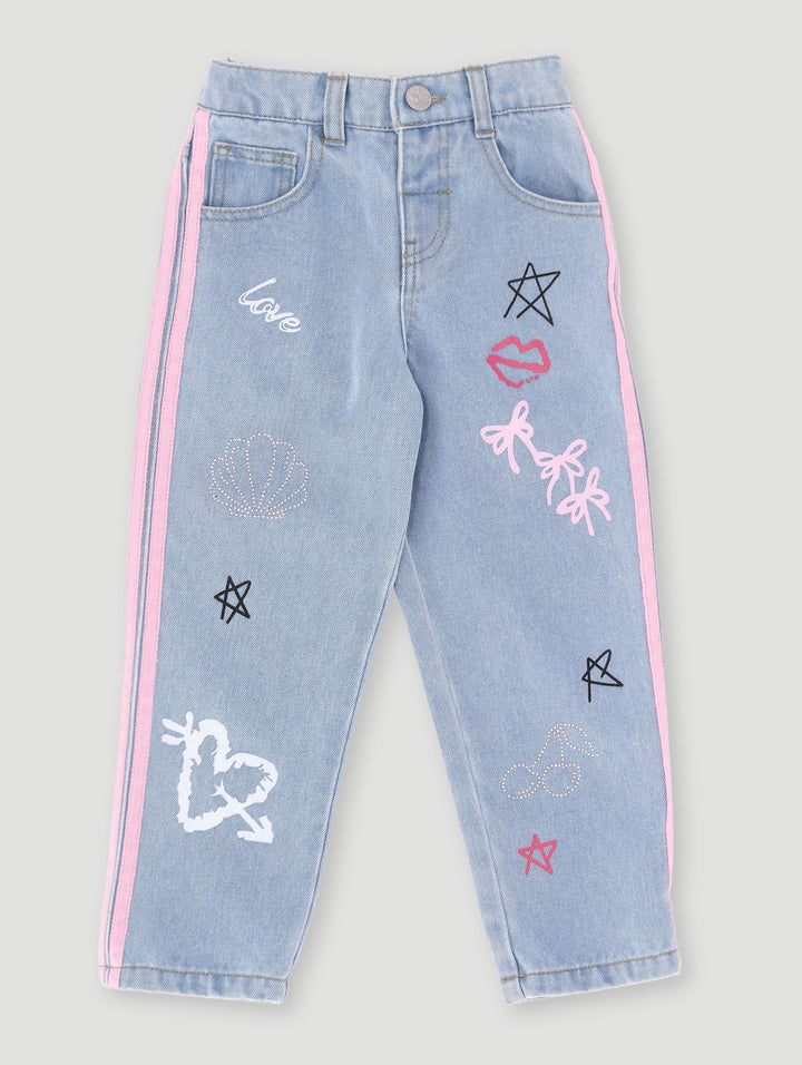Pre-Girls Graffiti Side Stripe Straight Leg Jeans - Denim