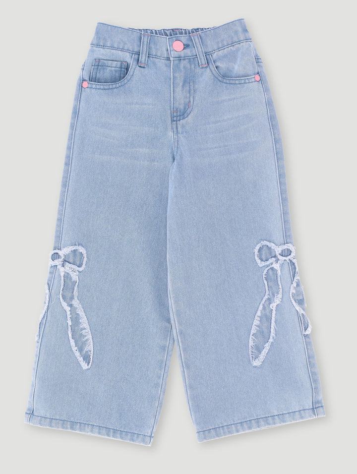 Pre-Girls Bow Applique Wide Leg Jean - Denim
