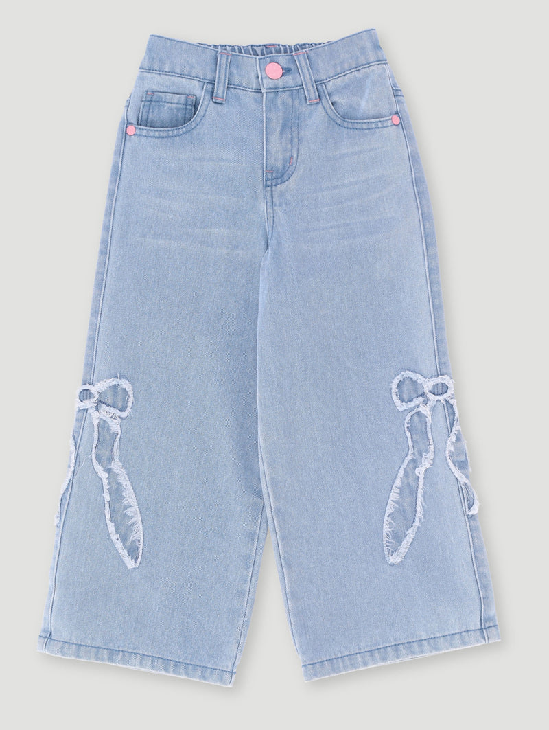 Pre-Girls Bow Applique Wide Leg Jean - Denim
