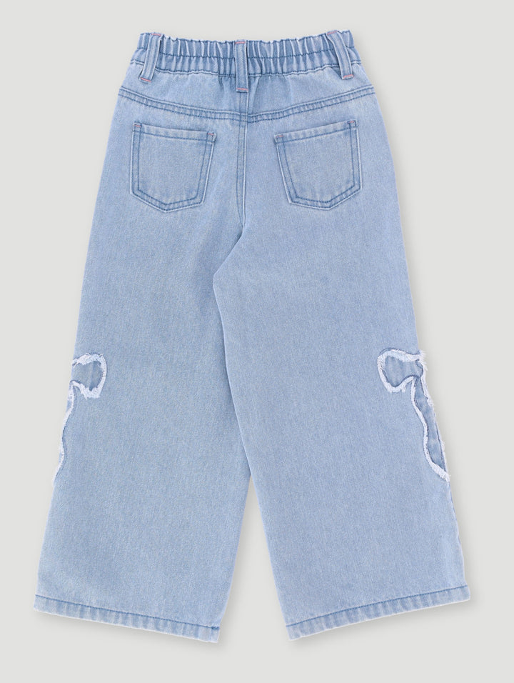 Pre-Girls Bow Applique Wide Leg Jean - Denim