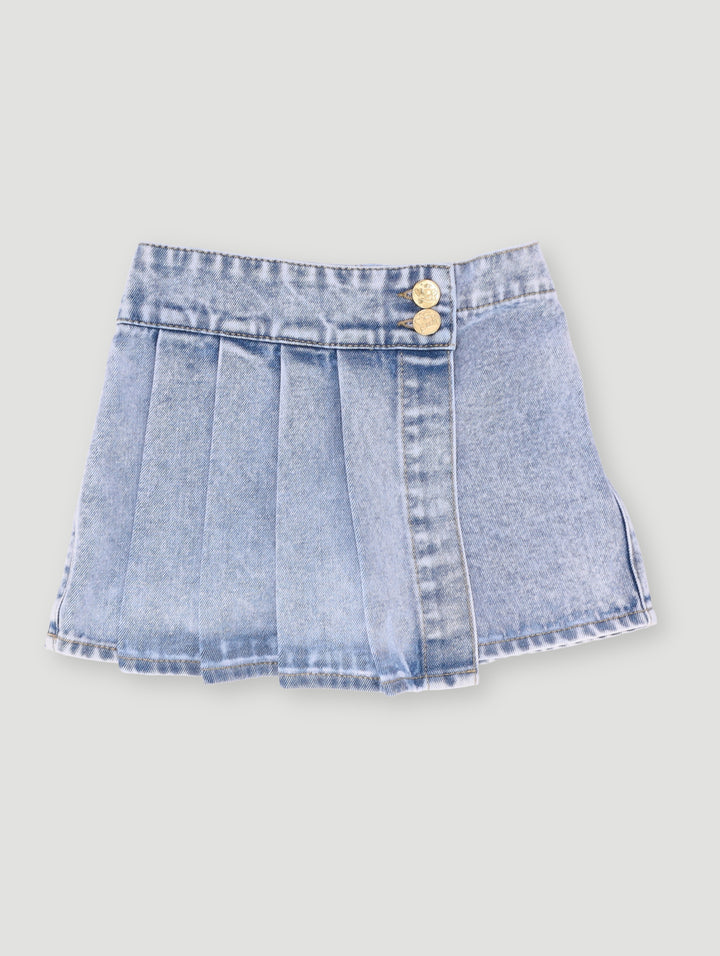 Pre-Girls Pleated Denim Skort - Mid Blue