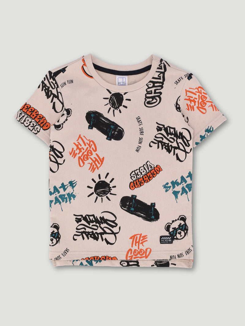 Pre-Boys Teddy Graffiti Fleece Crew Top - Stone