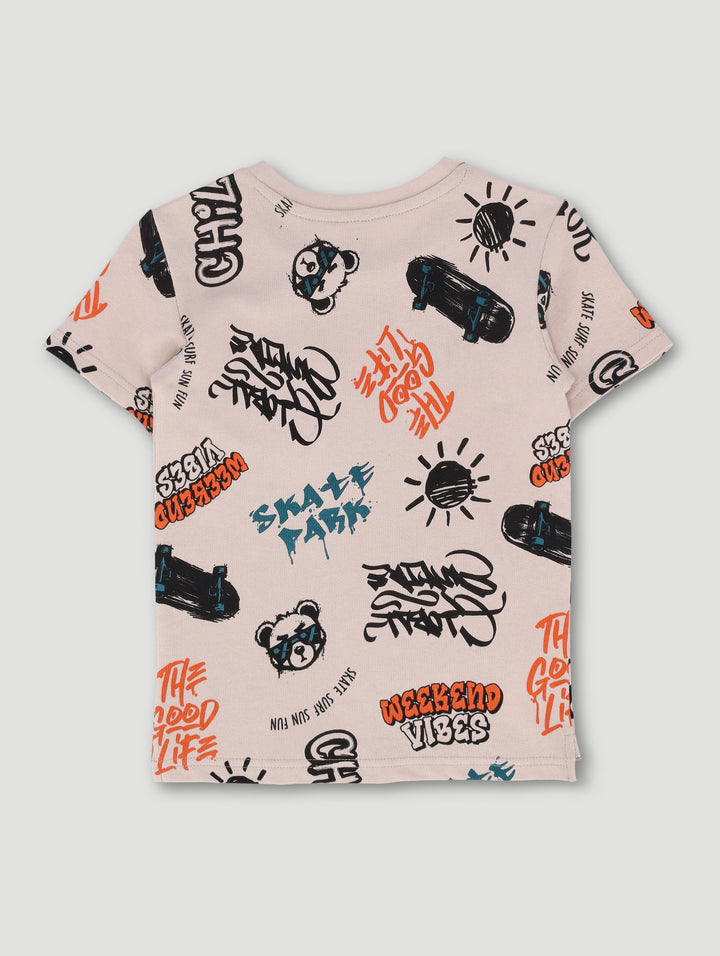 Pre-Boys Teddy Graffiti Fleece Crew Top - Stone