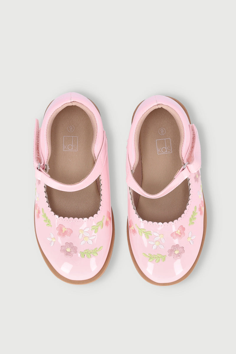 Pre-Girls Flower Embroidered Shoe - Pink
