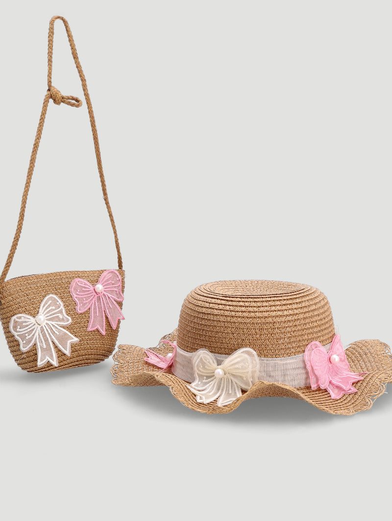 Pre-Girls Straw Hat Set With Bag - Brown
