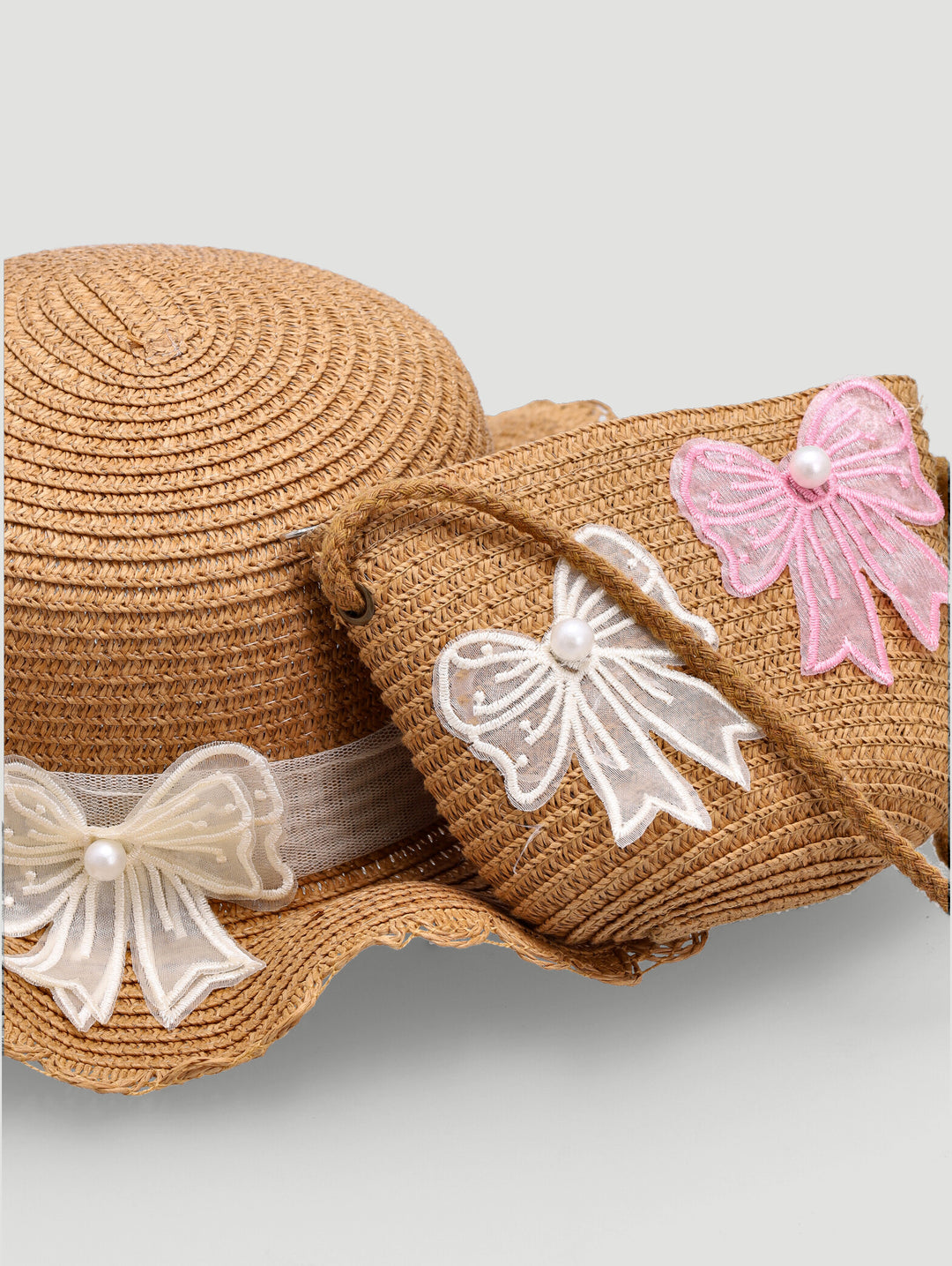 Pre-Girls Straw Hat Set With Bag - Brown