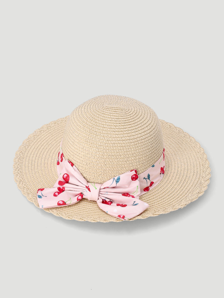 Girls Cherries Bow Sunhat - Stone