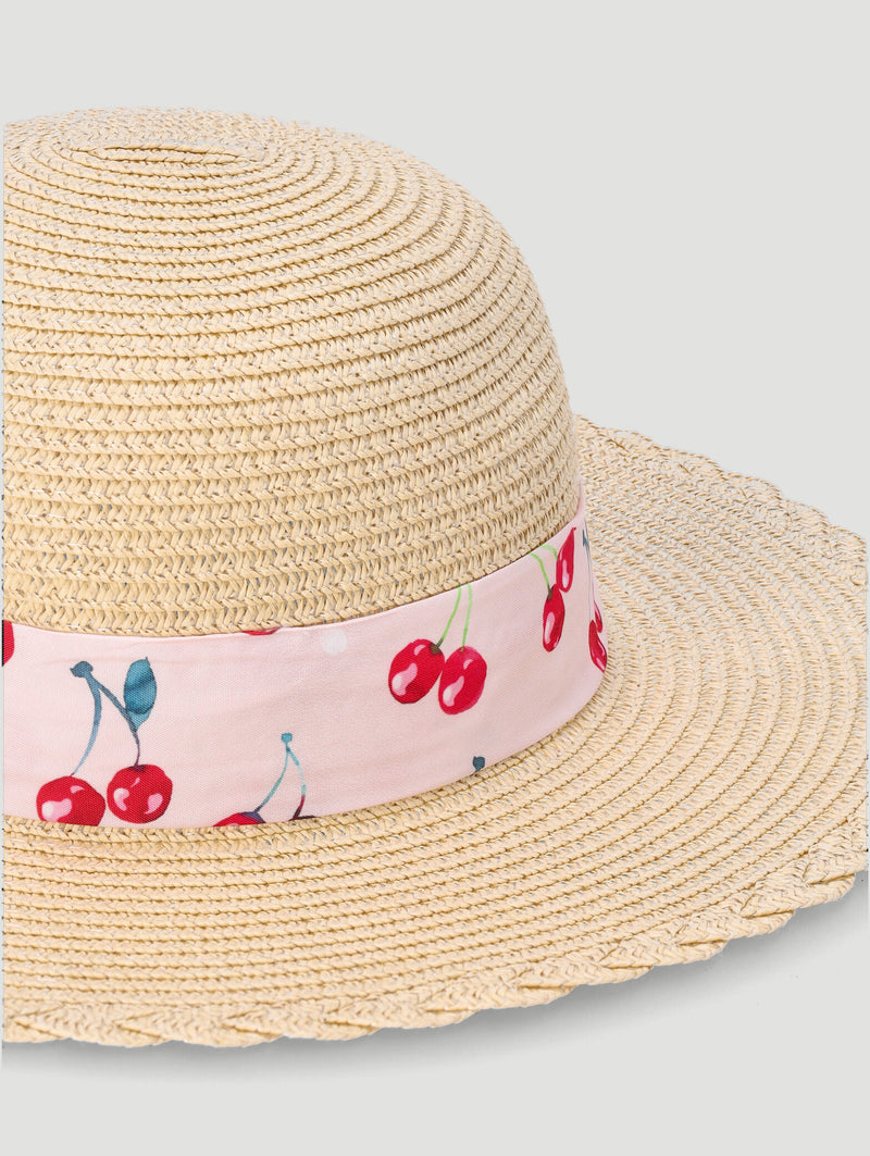 Girls Cherries Bow Sunhat - Stone