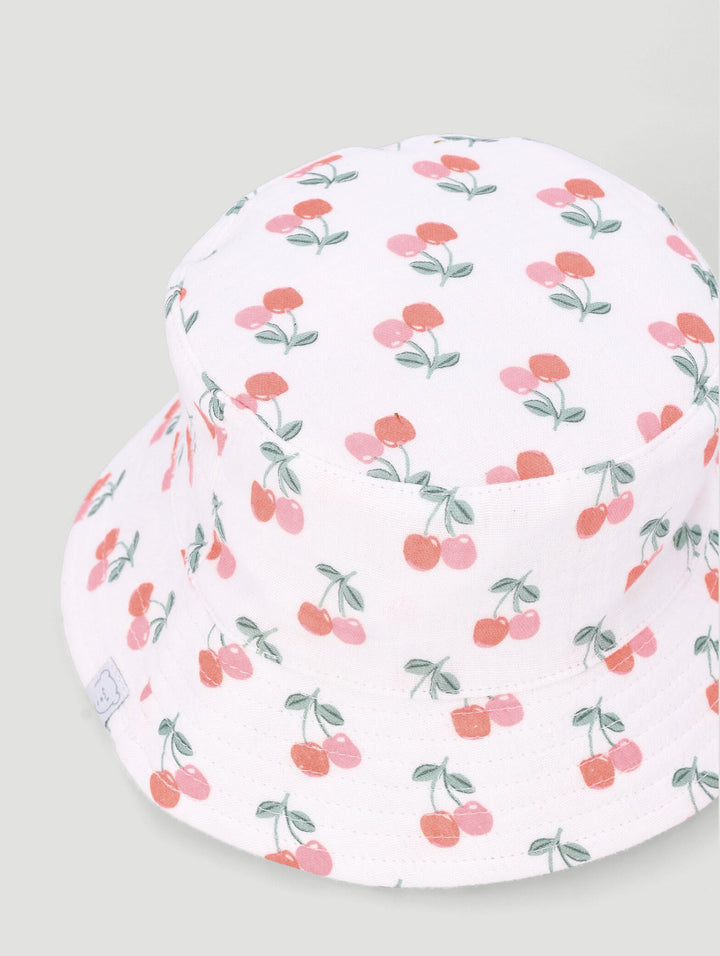 Baby Girls Cherries Print Nylon Bucket Hat - White/Red