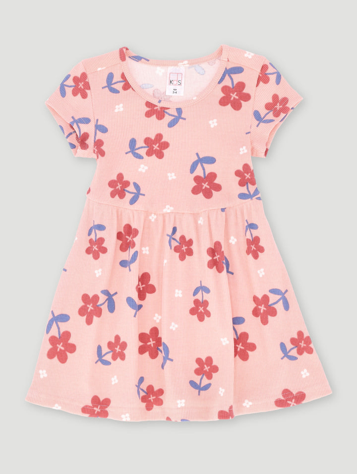 Pre-Girls Printed Floral Rib Dress - Coral