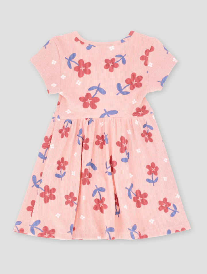 Pre-Girls Printed Floral Rib Dress - Coral