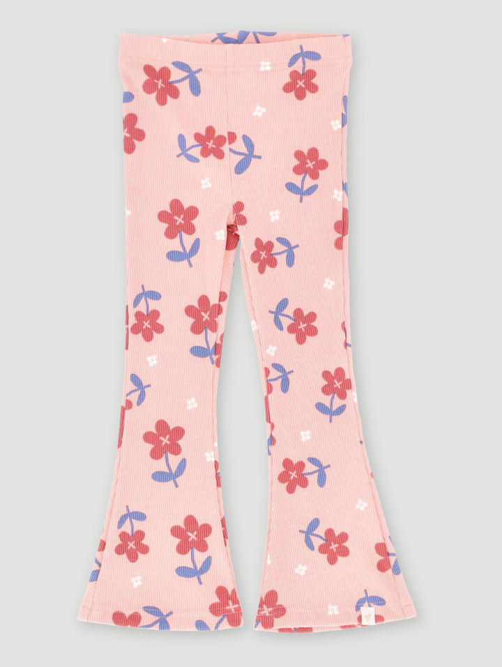 Pre-Girls Printed Floral Rib Flare Leg Pant - Coral