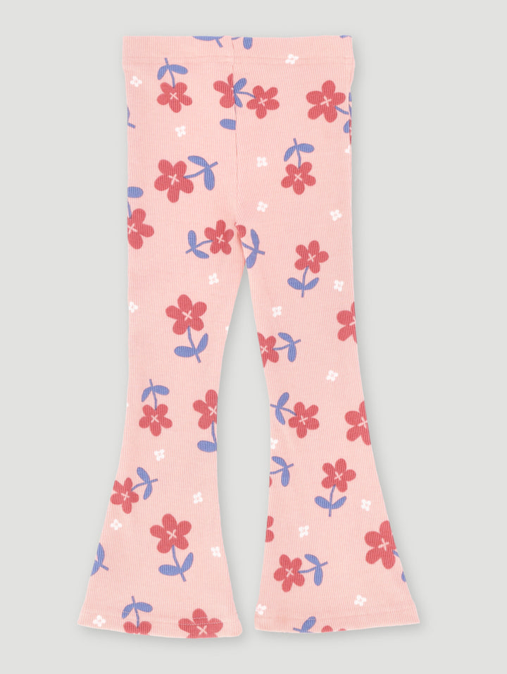 Pre-Girls Printed Floral Rib Flare Leg Pant - Coral