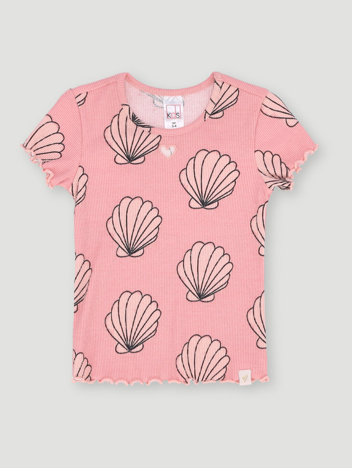 Pre- Girls Aop Shell Rib Tee - Coral