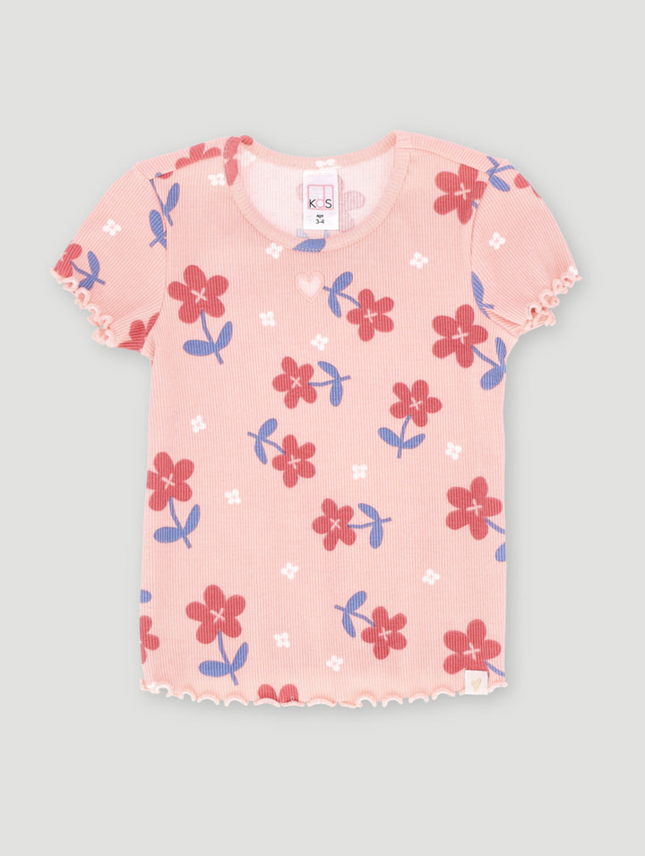 Pre-Girls Printed Floral Rib Tee - Coral