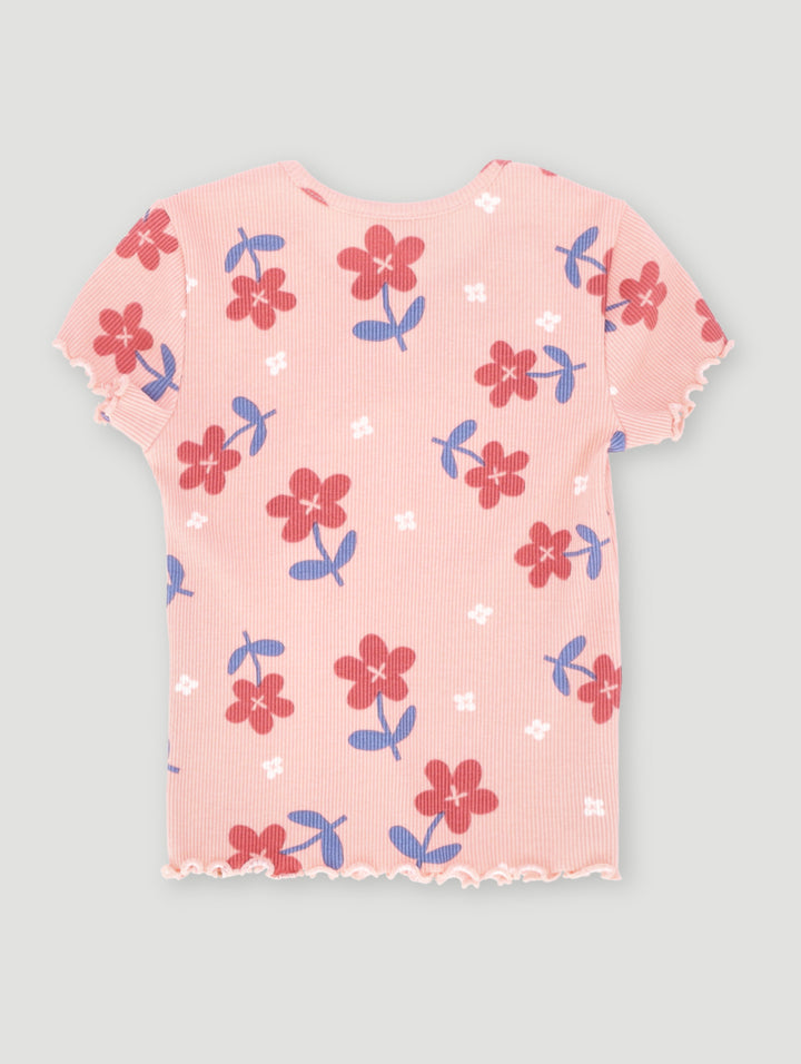 Pre-Girls Printed Floral Rib Tee - Coral