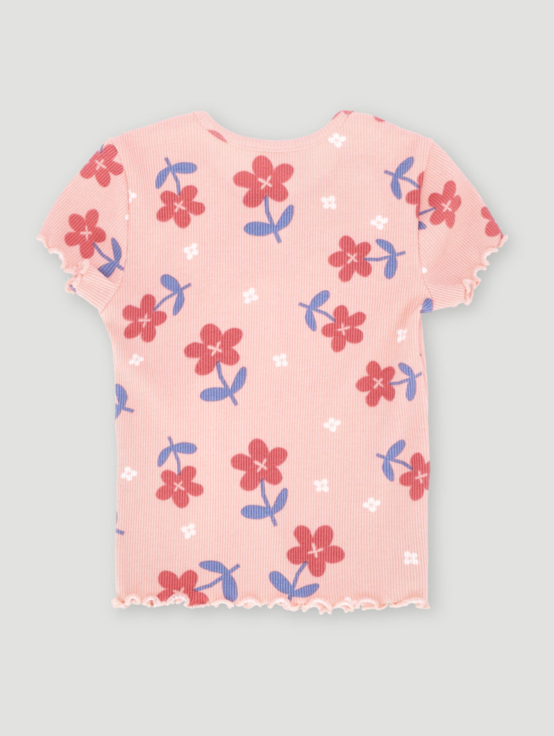 Pre-Girls Printed Floral Rib Tee - Coral
