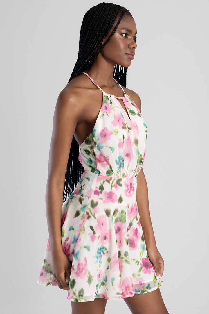 High Neck Drop Waist Blouson Mini Dress - Off White