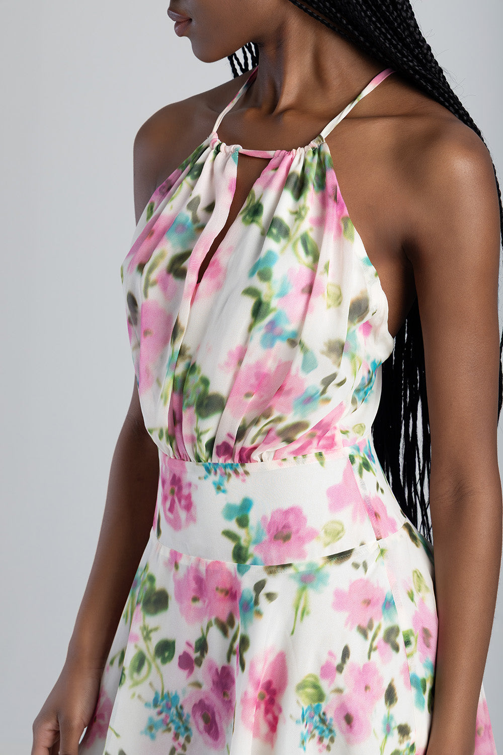 High Neck Drop Waist Blouson Mini Dress - Off White