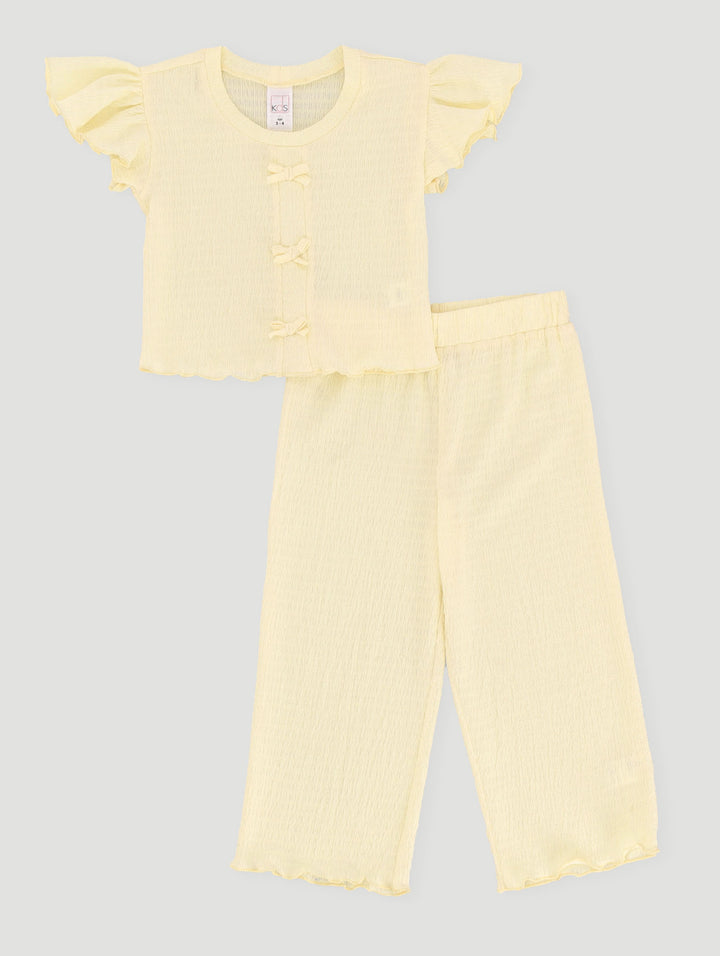 Pre-Girls Bow Top & Wide Leg Pants Set - Yellow