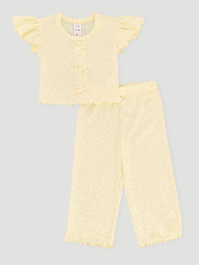 Pre-Girls Bow Top & Wide Leg Pants Set - Yellow