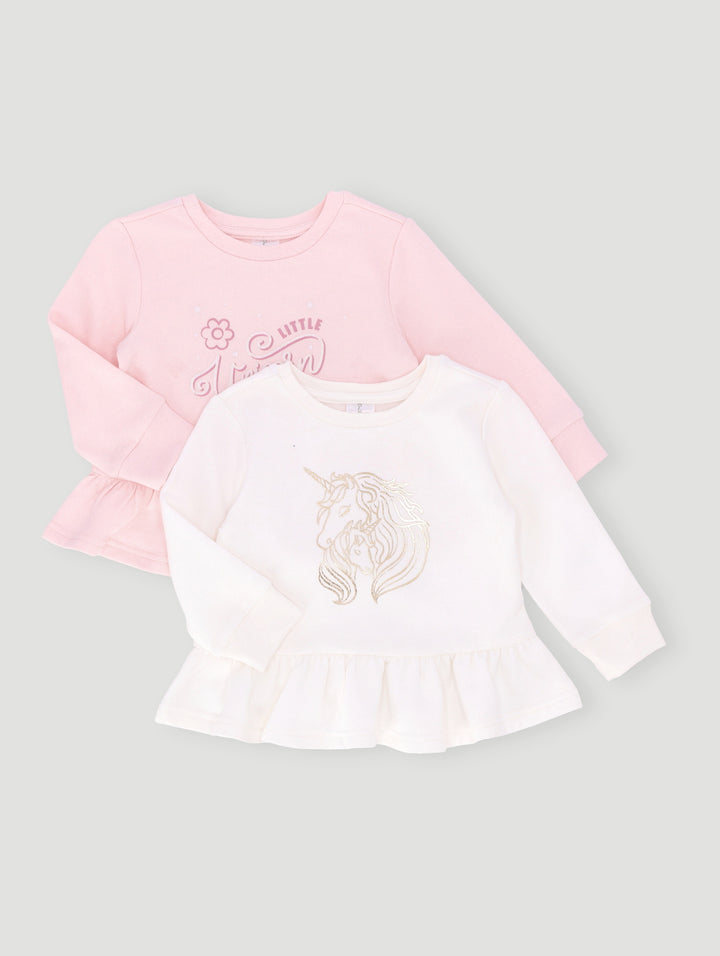 Baby Girls 2 Pack Unicorn Sweat Top - Off White