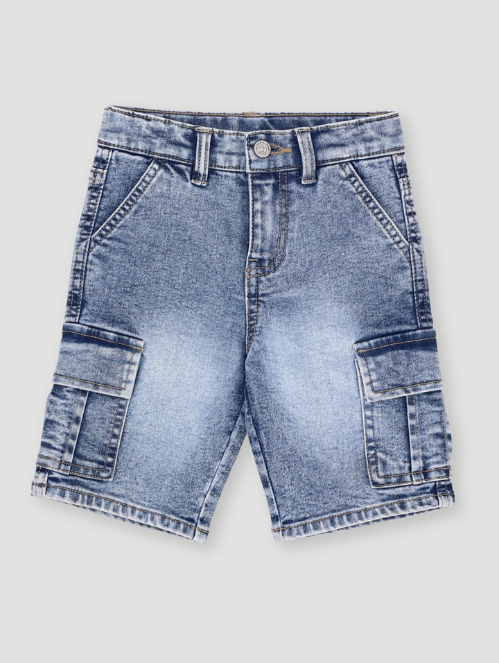 Pre-Boys Stone Wash Cargo Denim Short - Dark Blue